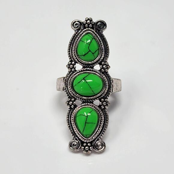 Triple Green Howlite Filigree Size 7 Ring - Picture 1 of 4